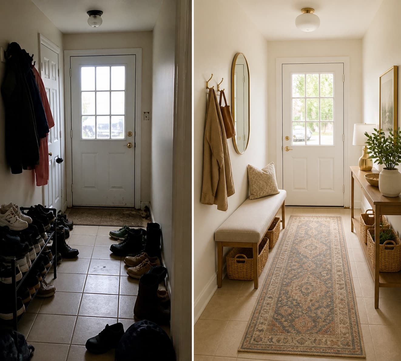 Illustrative split entryway concept showing a starting constraint and possible storage direction.