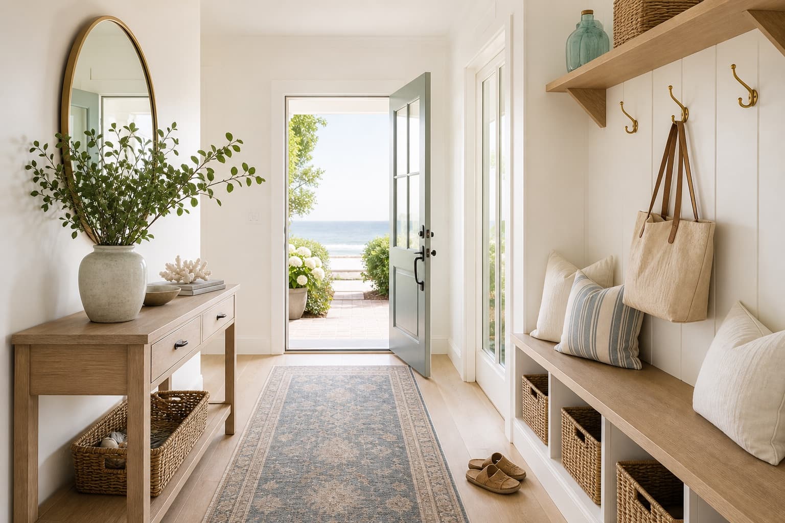 coastal entryway with rattan baskets, brass mirror, and light wood.