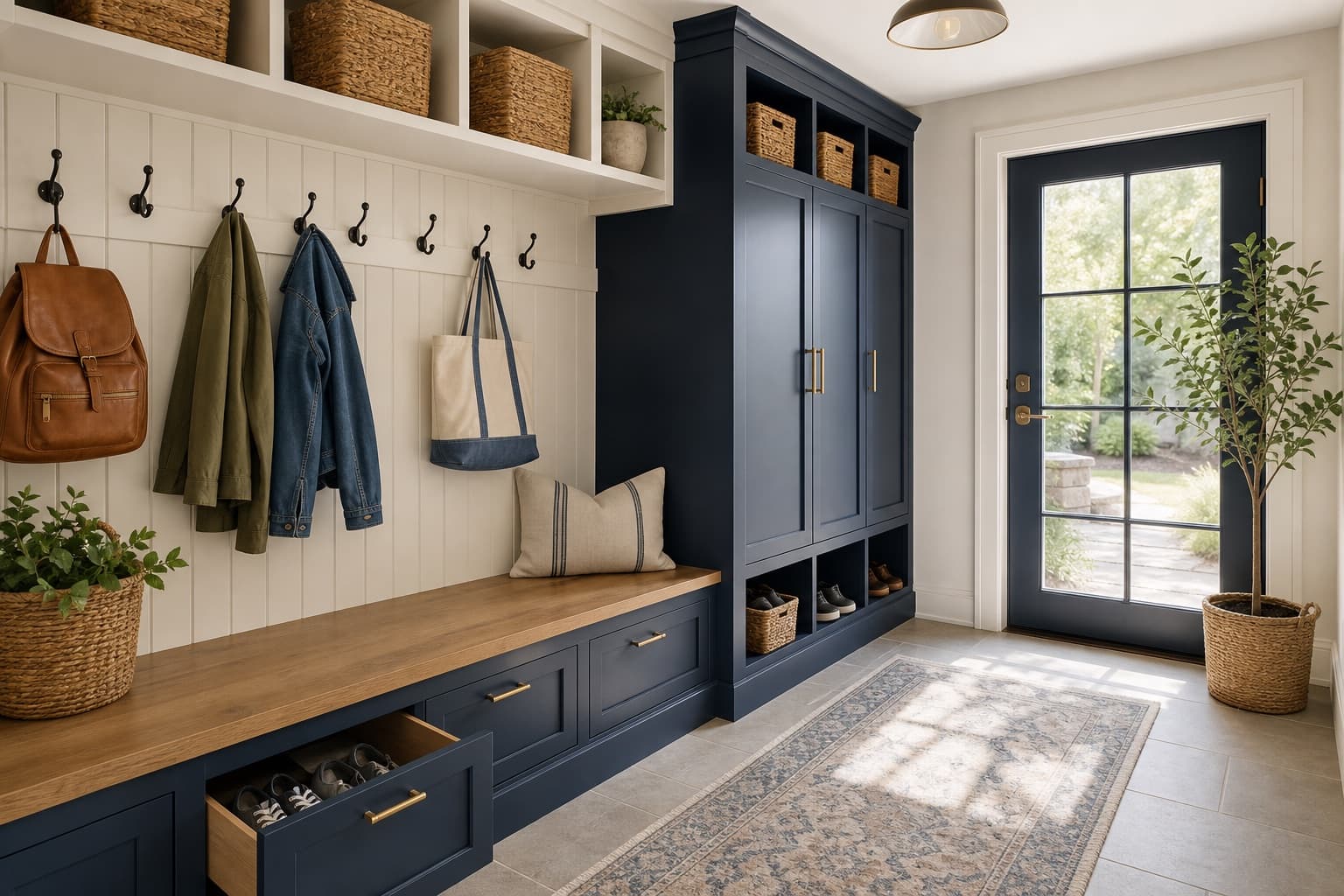 mudroom locker wall with hooks, cubbies, and baskets.