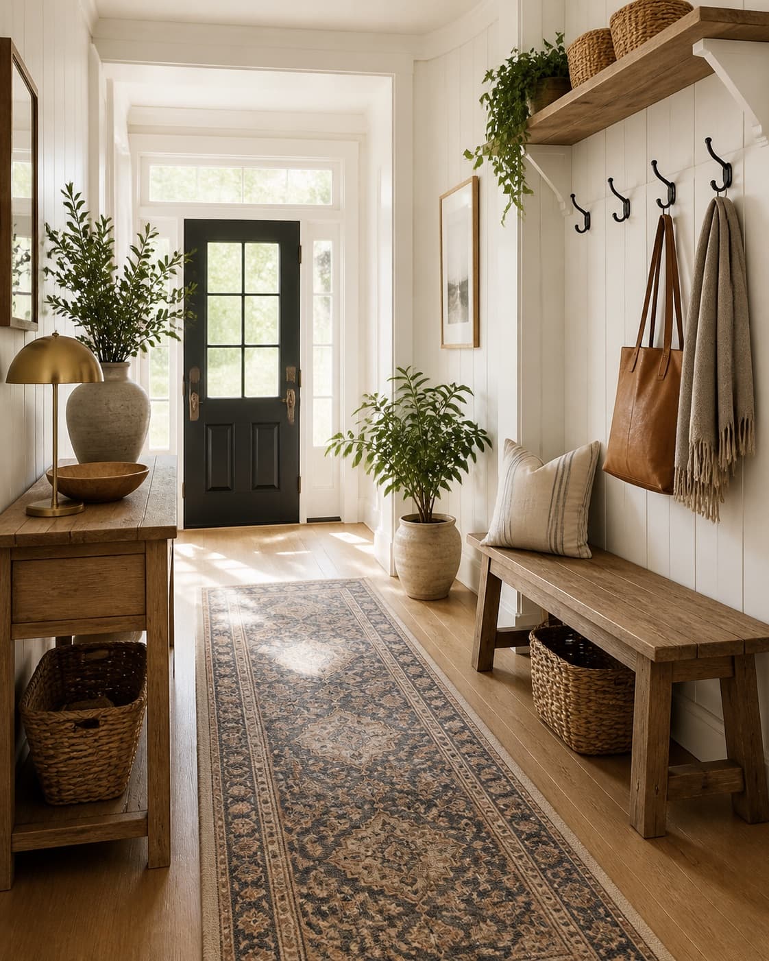 farmhouse entryway with shiplap, baskets, bench, and greenery.