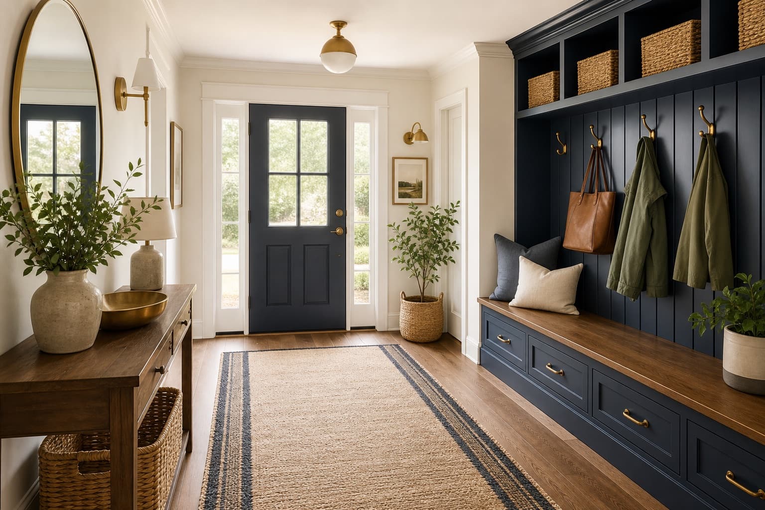Navy entryway mudroom with a bench, hooks, baskets, storage drawers, and mirror.