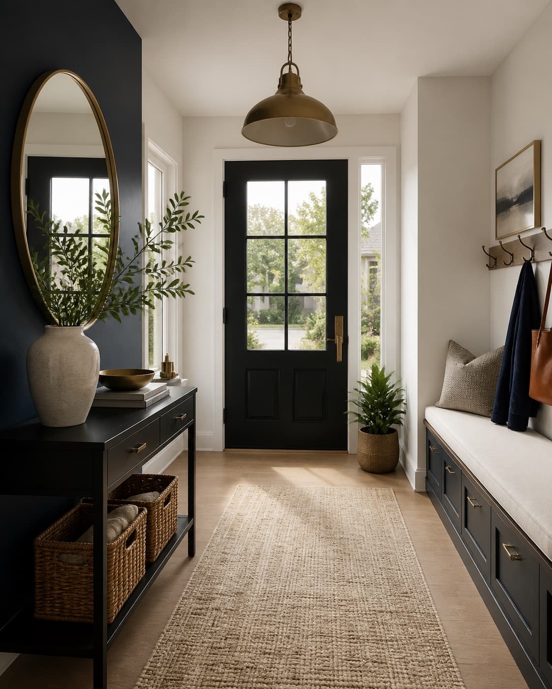 modern entryway with mirror, console, and warm brass pendant.