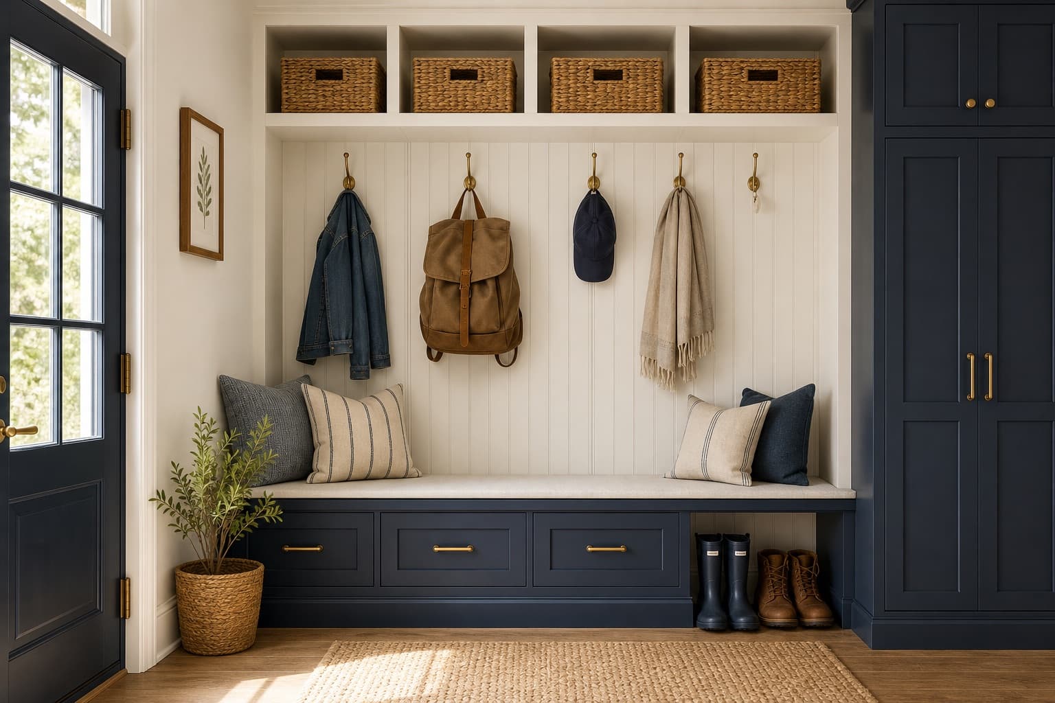 entryway bench with drawers, hooks, and baskets.