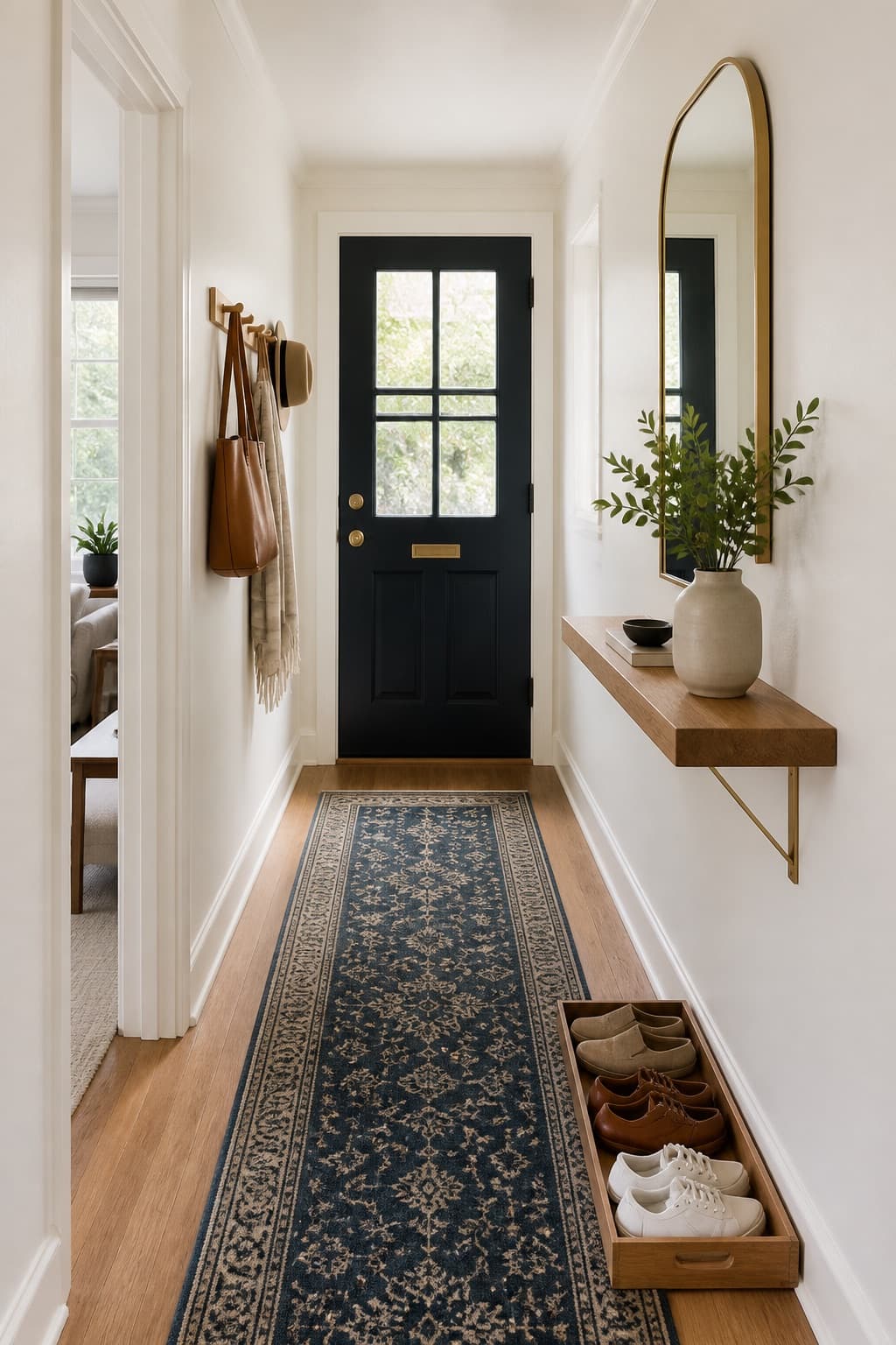 narrow hallway entryway with a runner, hooks, and slim shelf.