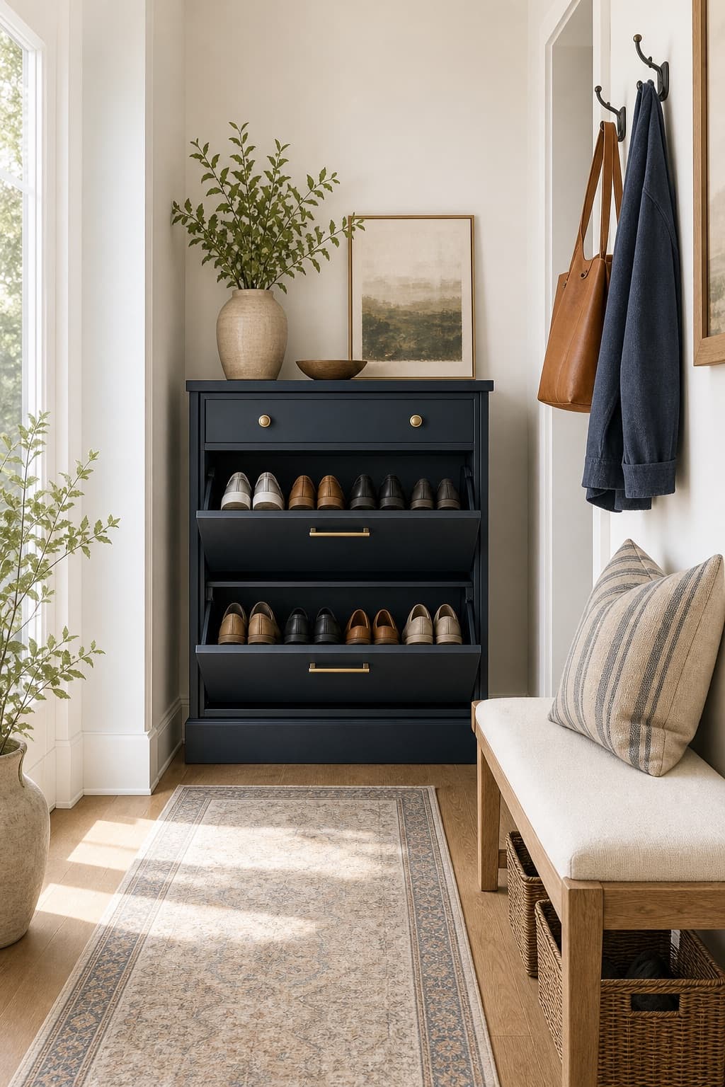 Entryway with slim shoe storage cabinet, baskets, hooks, and a compact bench.