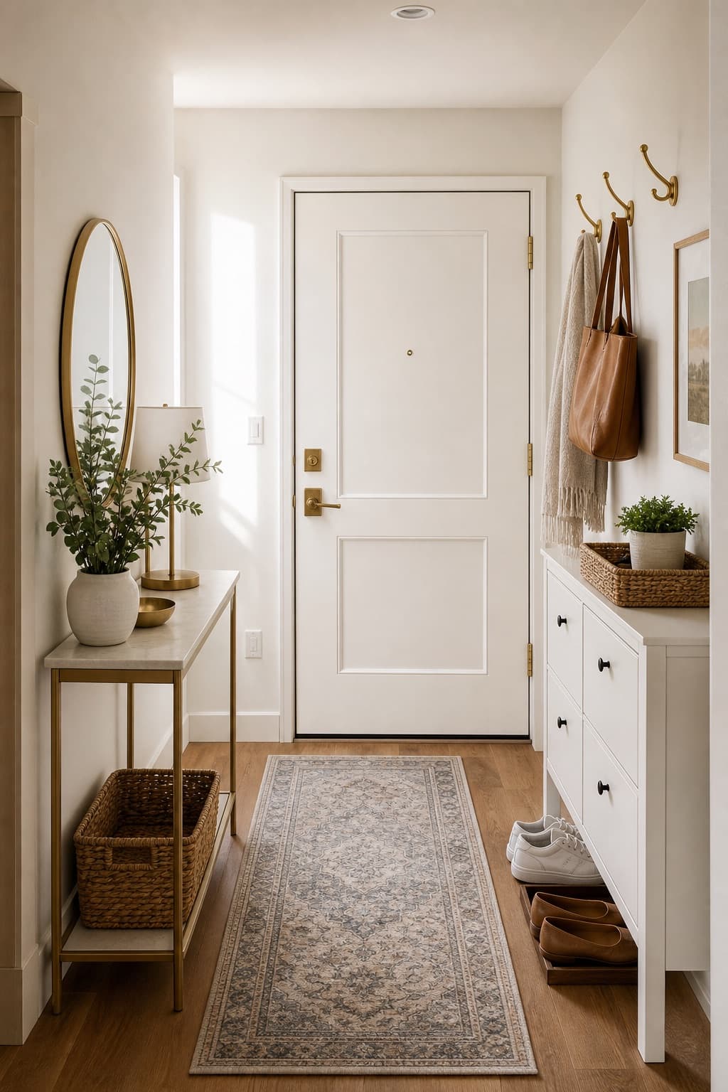 apartment entryway with mirror, shoe cabinet, hooks, and runner.
