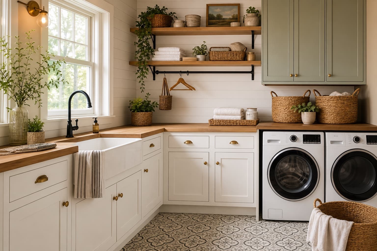 Laundry room sink with farmhouse cabinetry, wood countertop, and washer dryer.