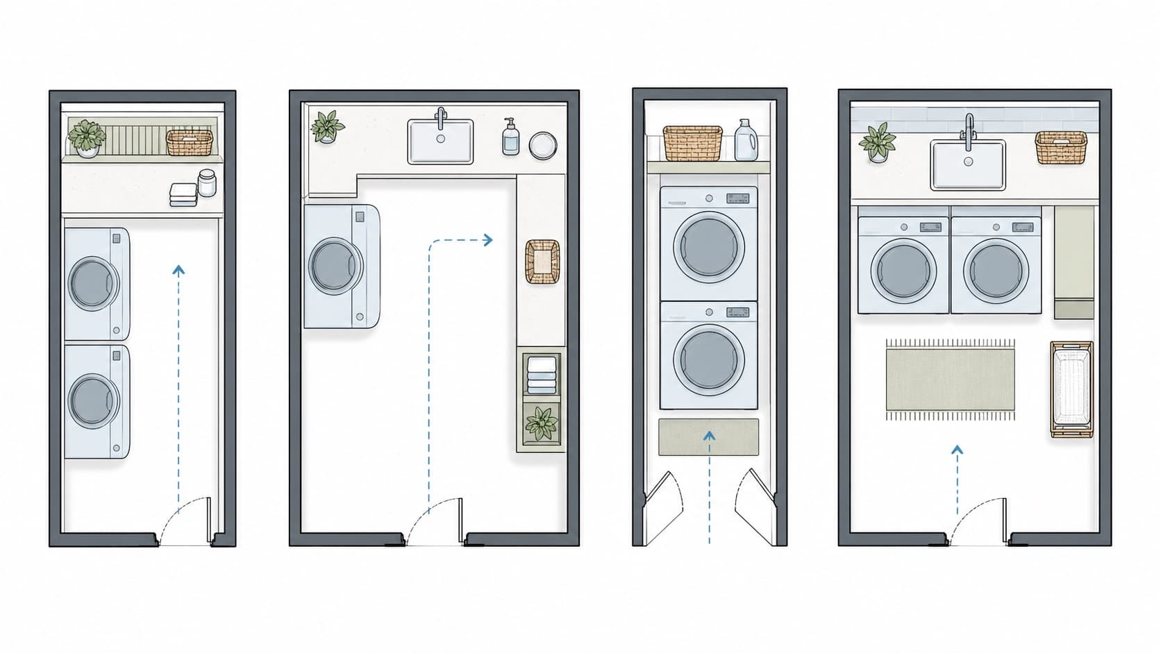 Four laundry room floor-plan diagrams for galley, L-shaped, closet stack, and side-by-side layouts.