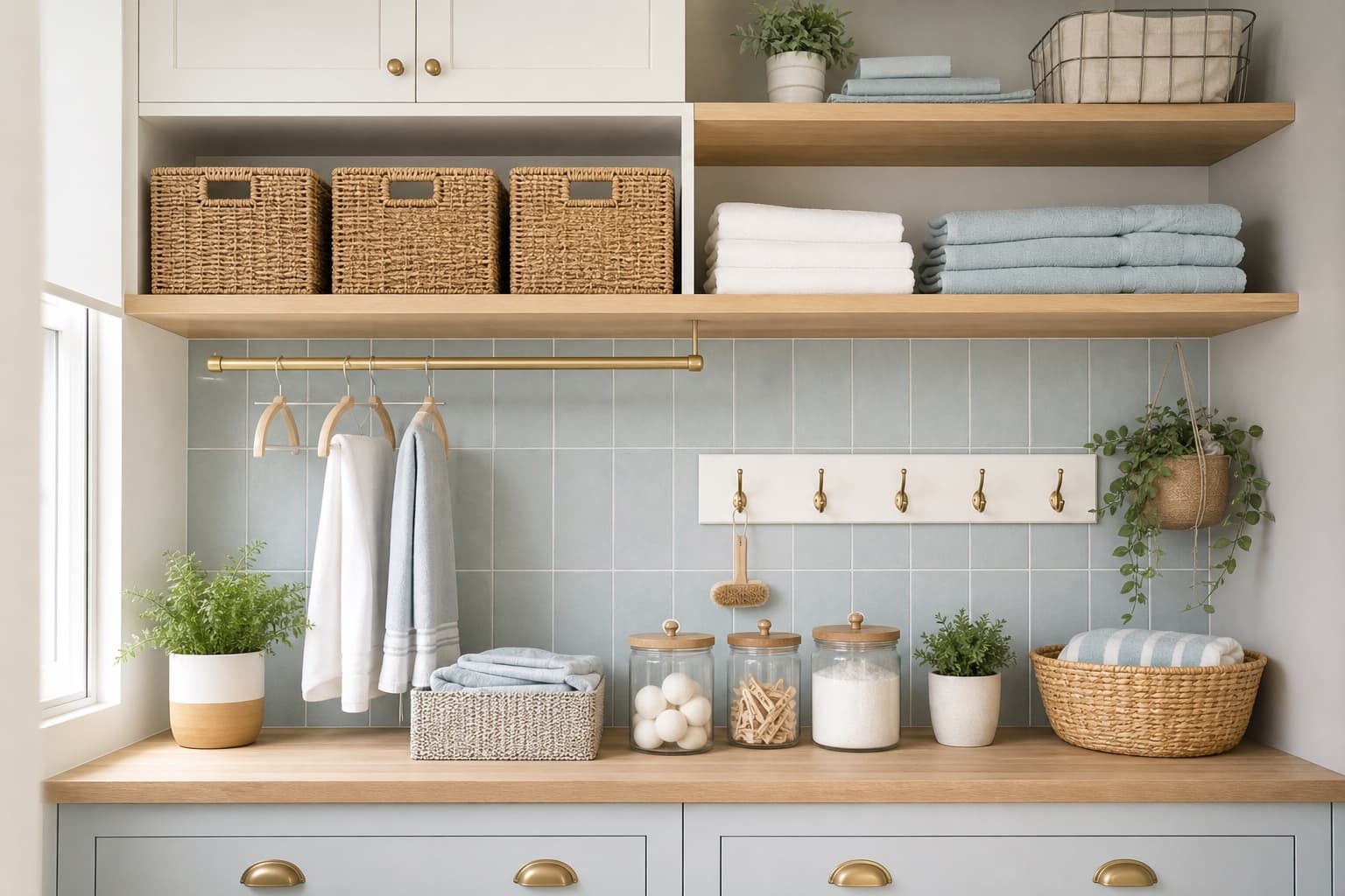 Laundry storage wall with shelves, baskets, jars, hooks, and towels.