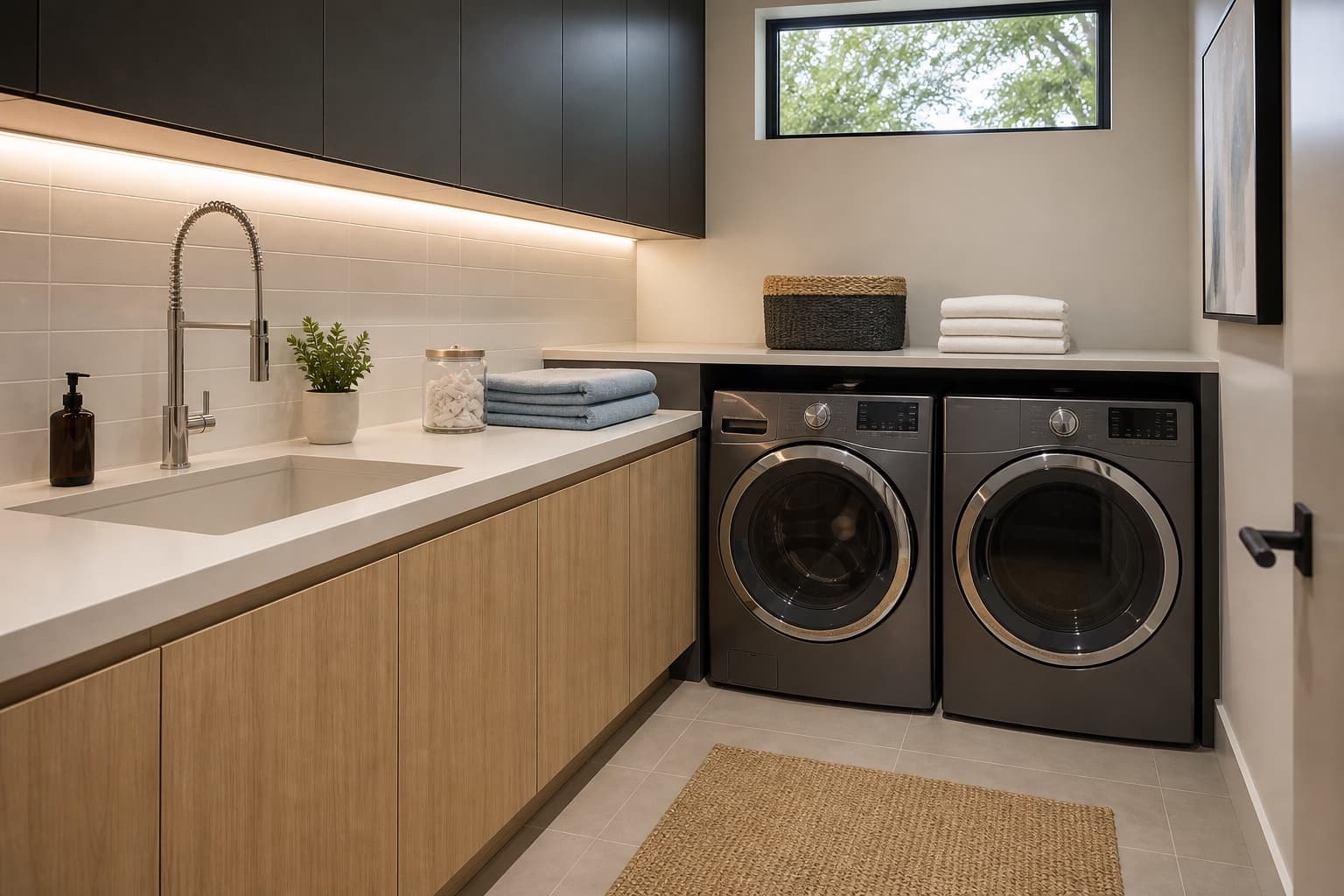 Modern laundry room with flat panel cabinets, sink, appliances, countertop, and under-cabinet lighting.