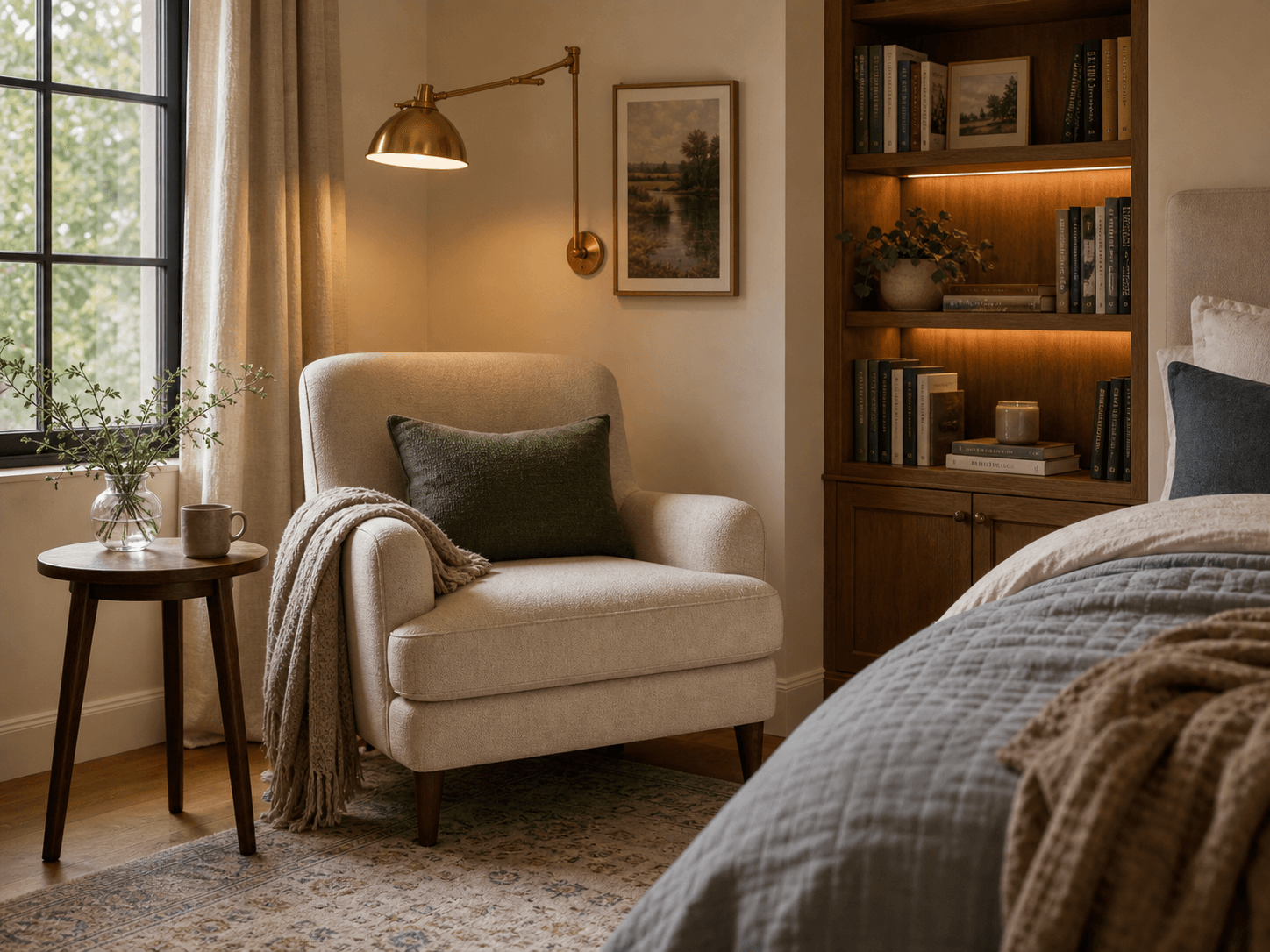bedroom reading nook with chair, lamp, and bookshelf.