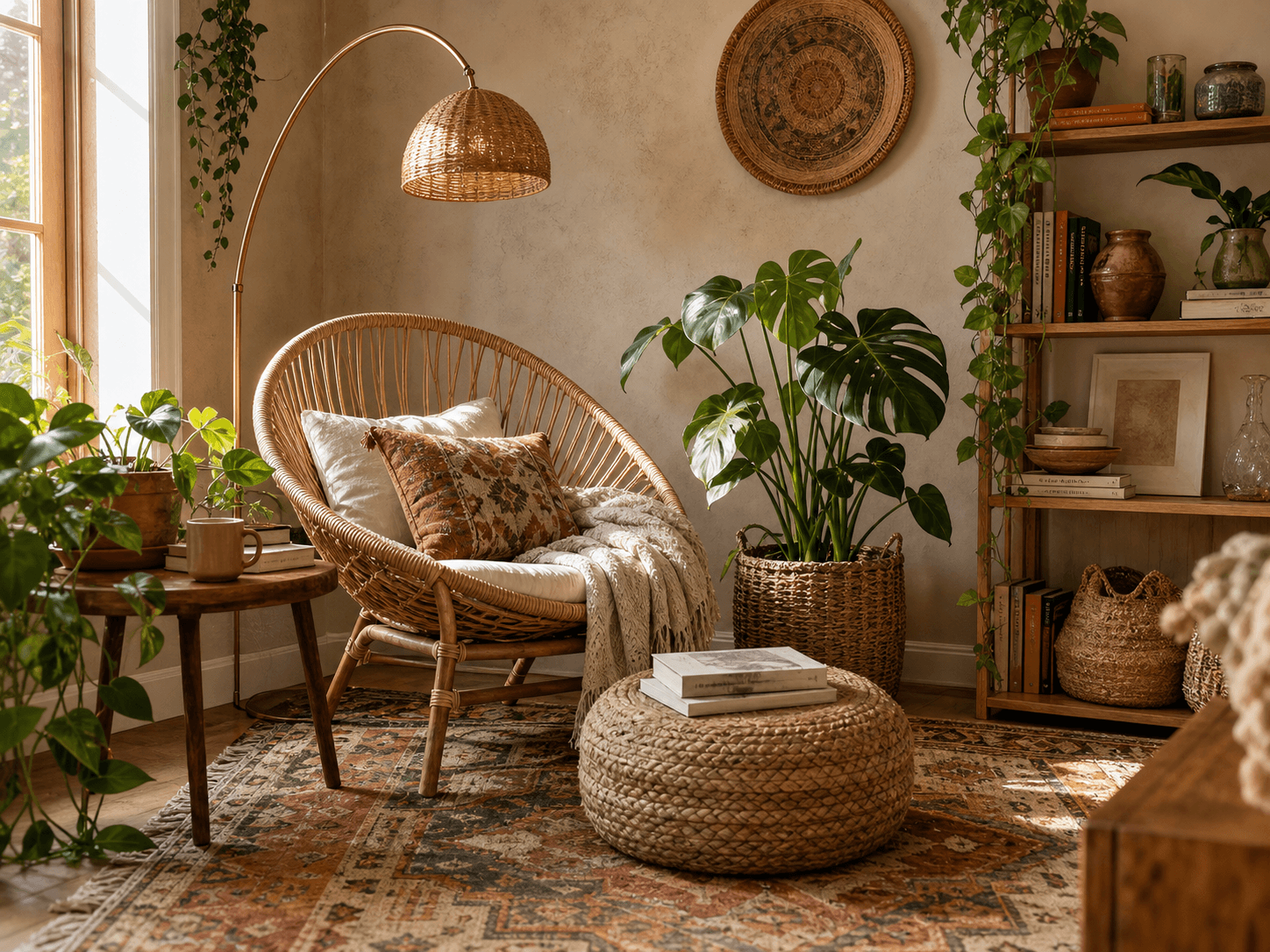 boho reading nook with rattan chair, plants, and layered rug.