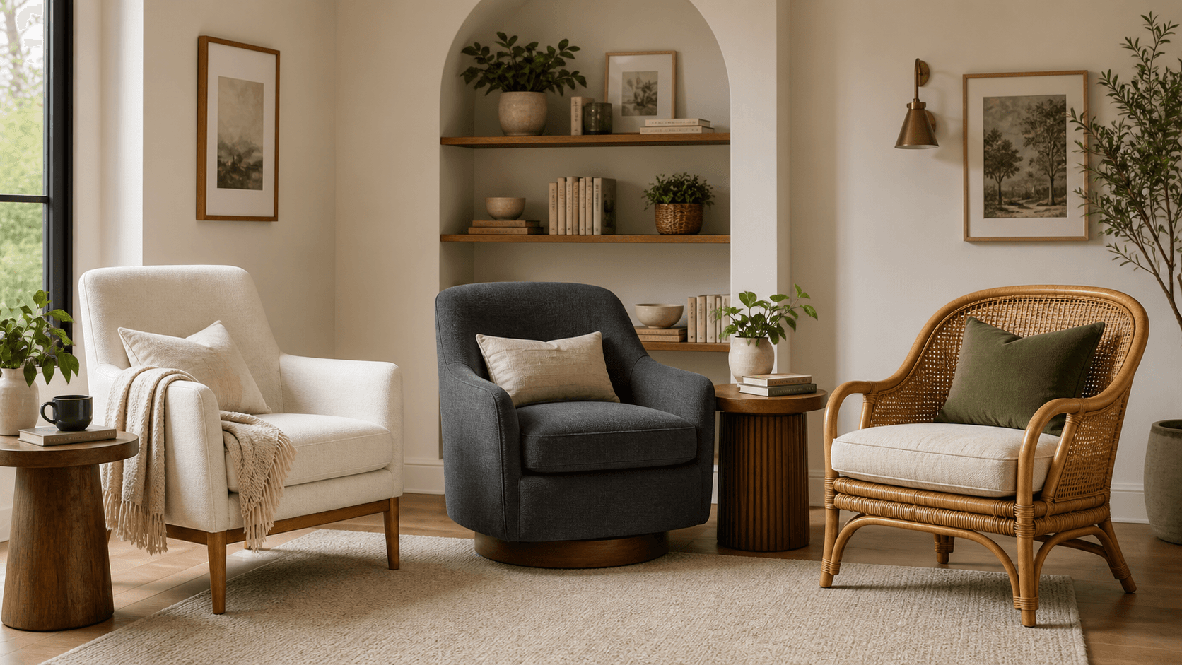 comparison of upholstered, swivel, and rattan reading nook chairs.