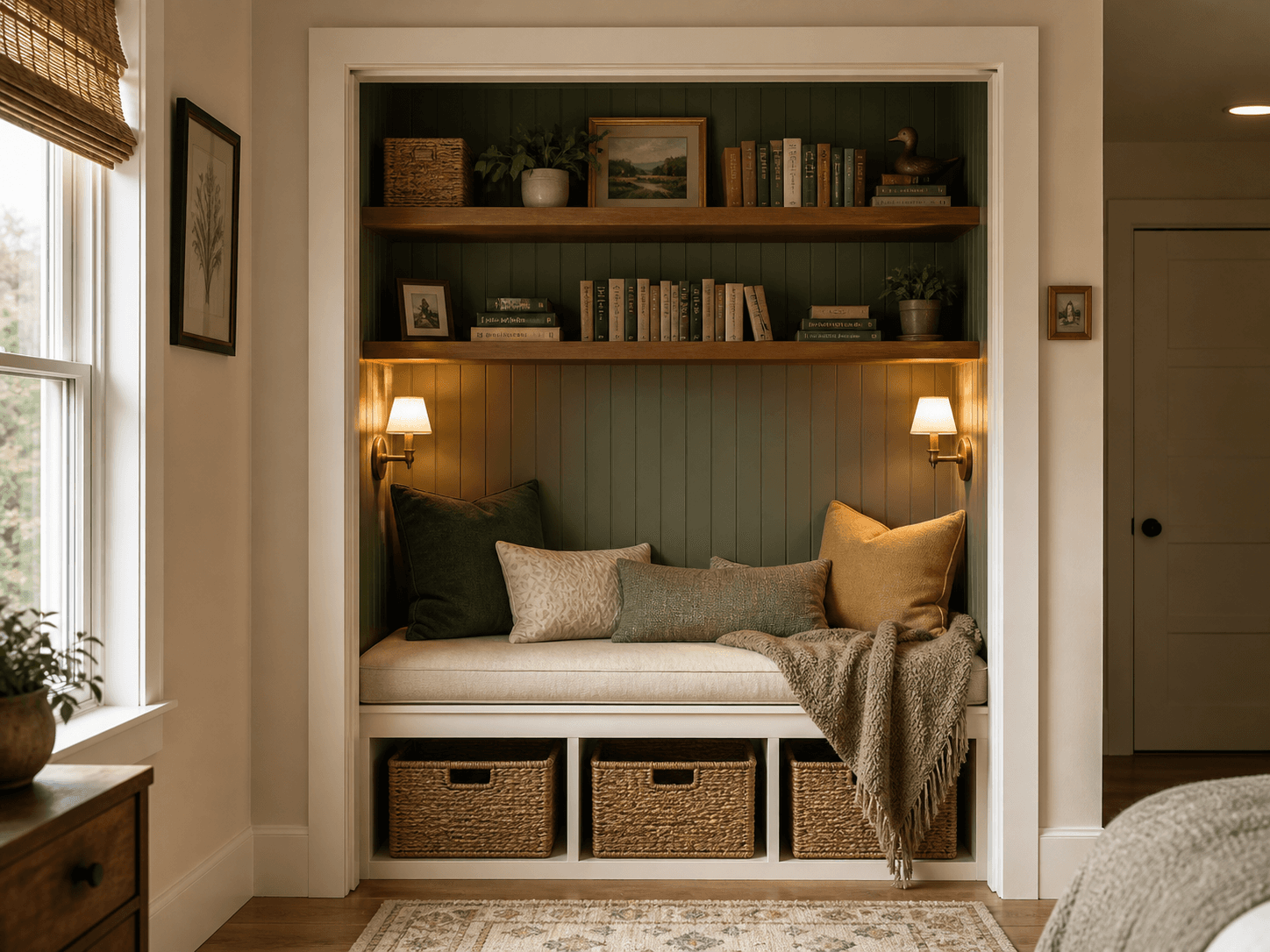 DIY closet reading nook conversion with bench, shelves, sconces, and storage baskets.