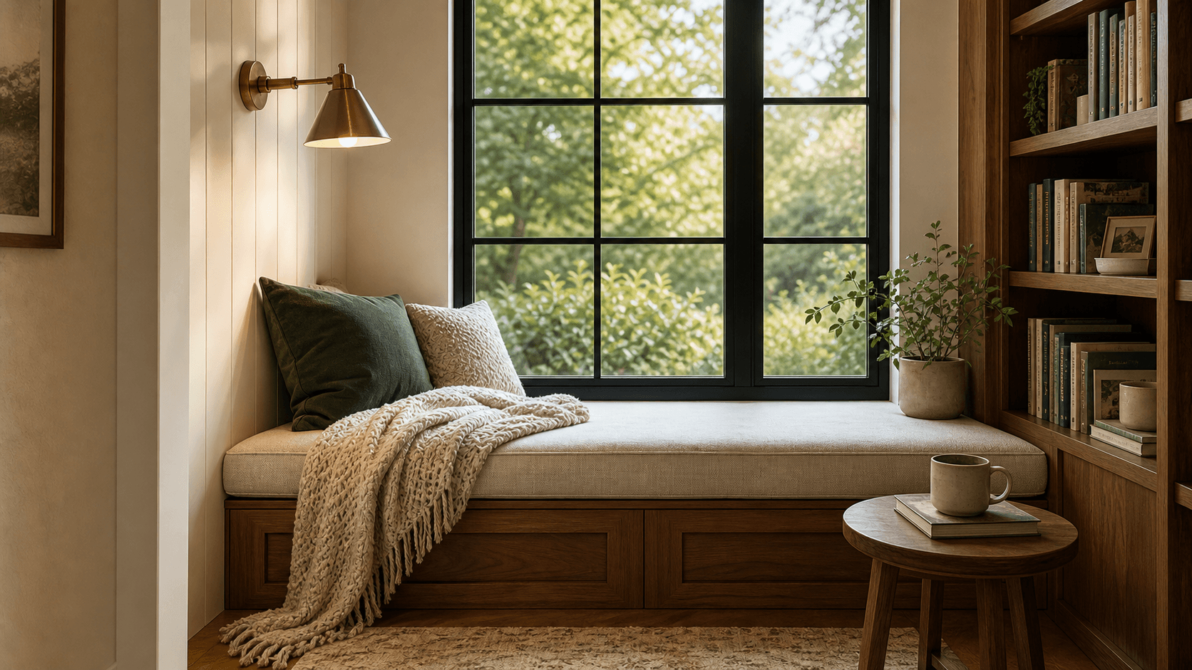Window reading nook with a built-in bench, bookshelves, cushions, and natural light.