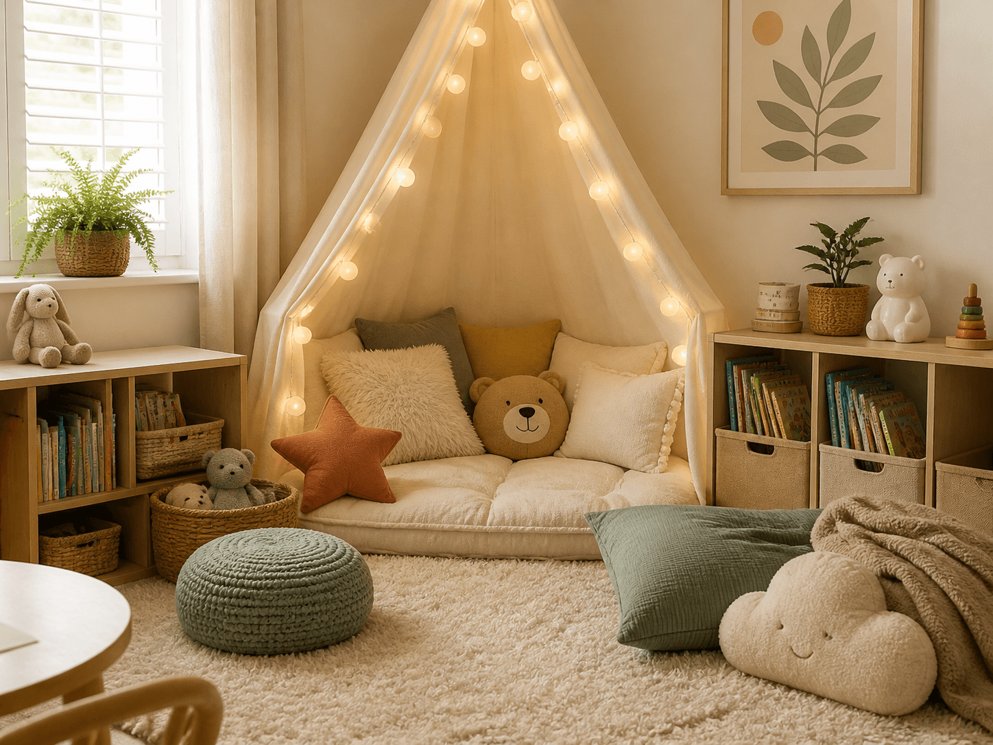 kids reading nook with cushions, canopy, and book storage.