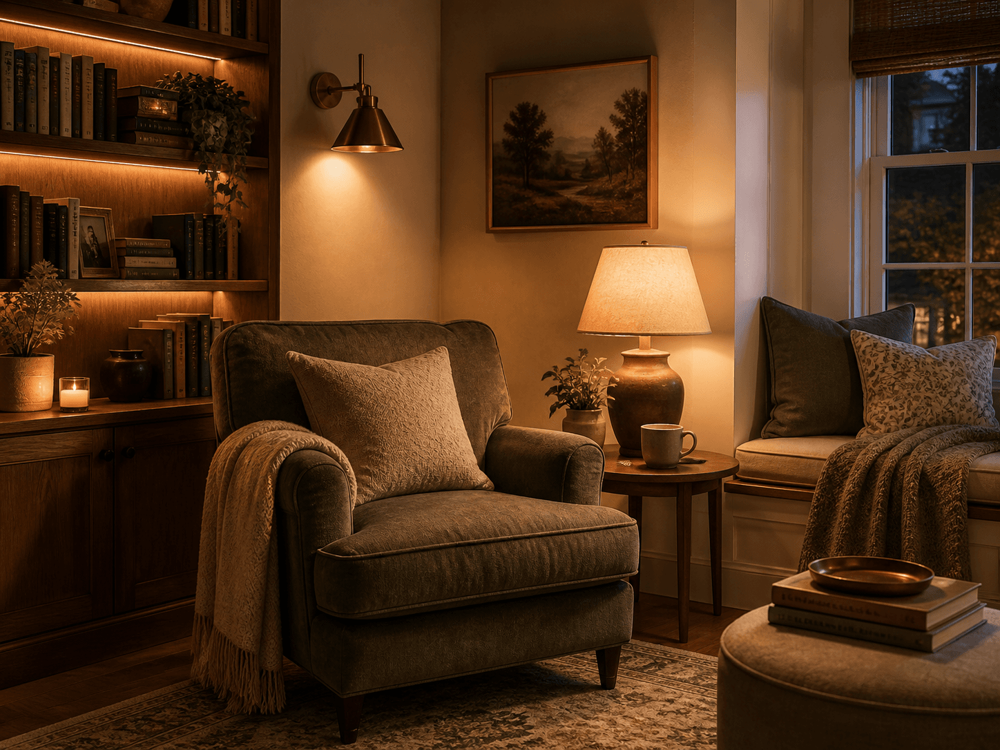 cozy evening reading nook with layered warm lamps, books, and deep green accents.