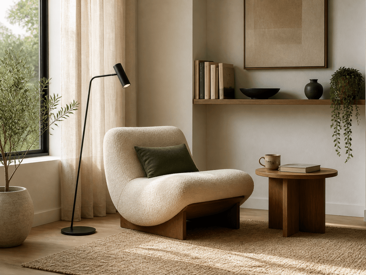modern reading nook with sculptural chair, shelf, lamp, and plant.