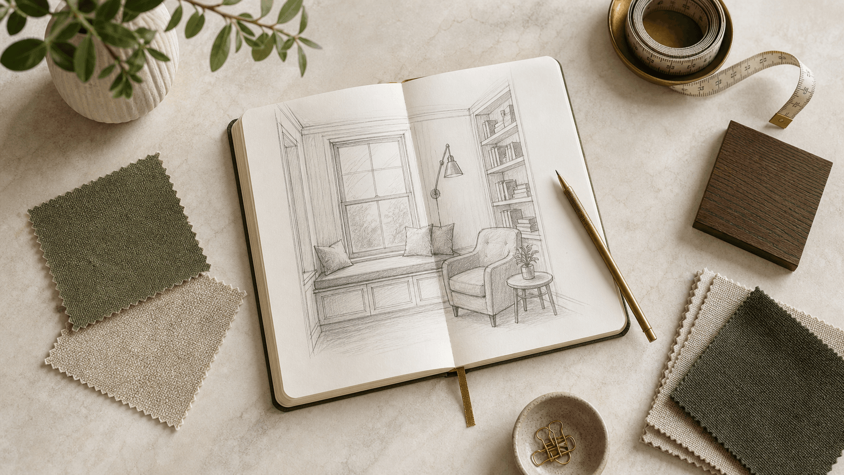 reading nook planning desk with notebook sketch, swatches, pencil, and tape measure.