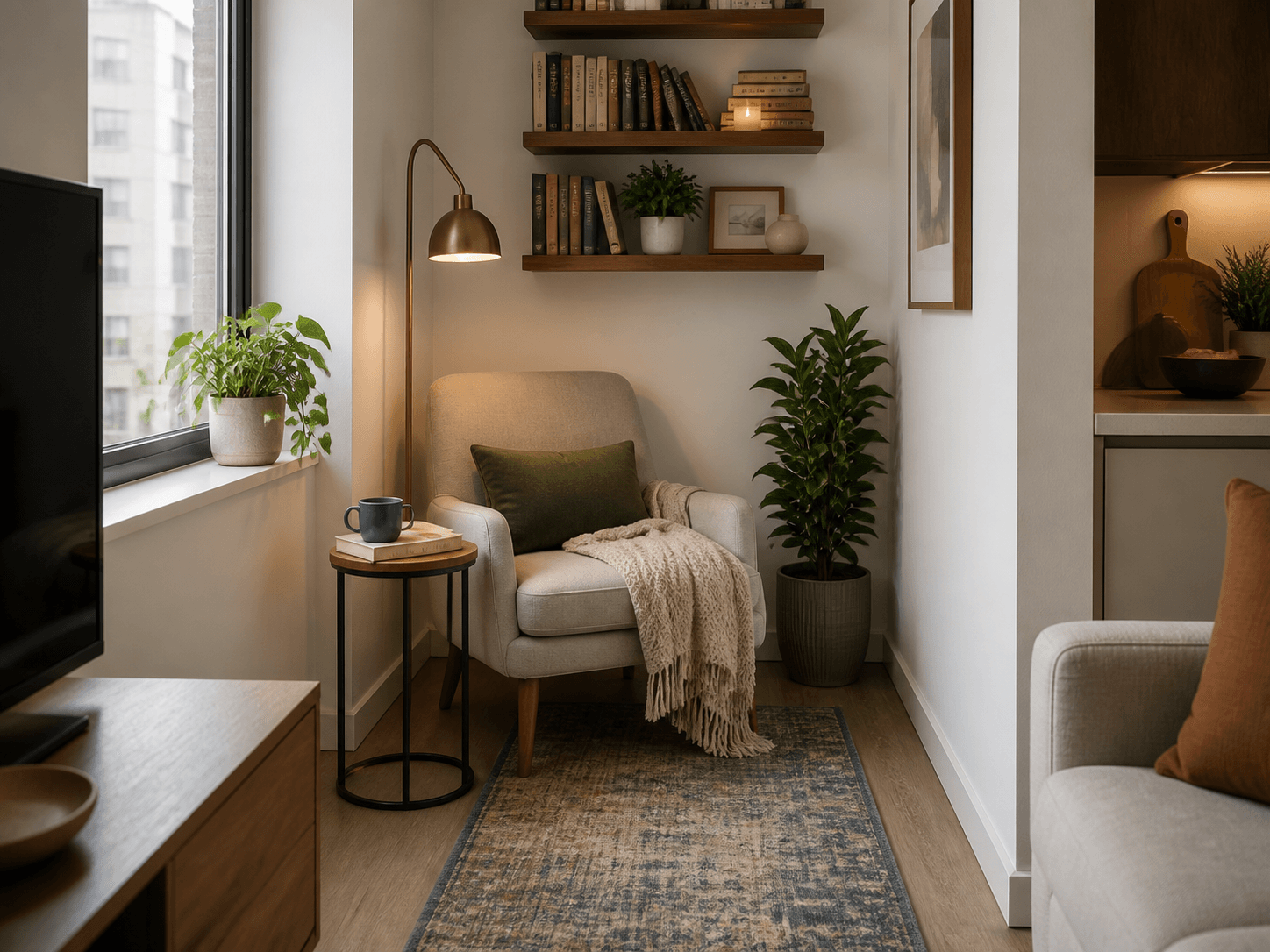 compact apartment reading nook with chair, wall shelf, and lamp.