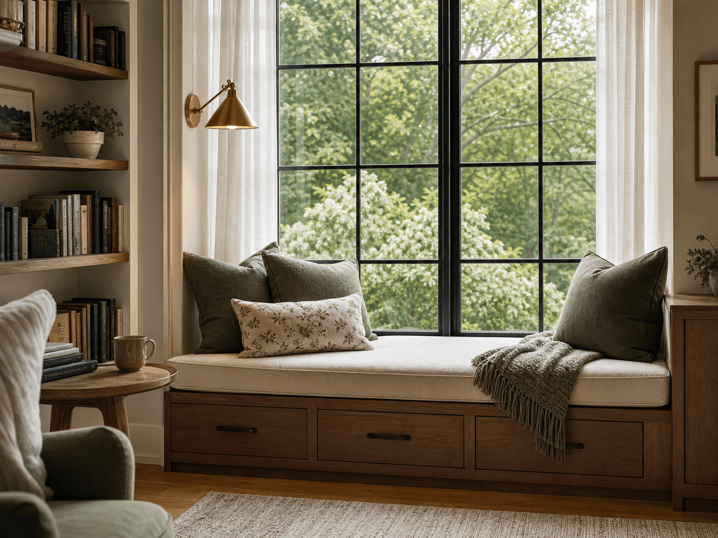 window bench reading nook with cushion and drawers.