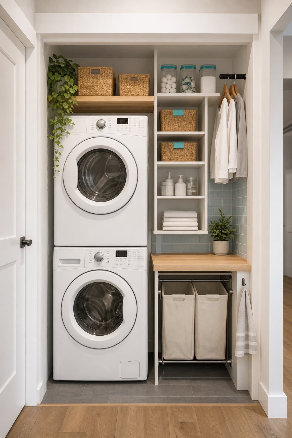 Small laundry closet with stacked appliances, shelves, and compact storage.