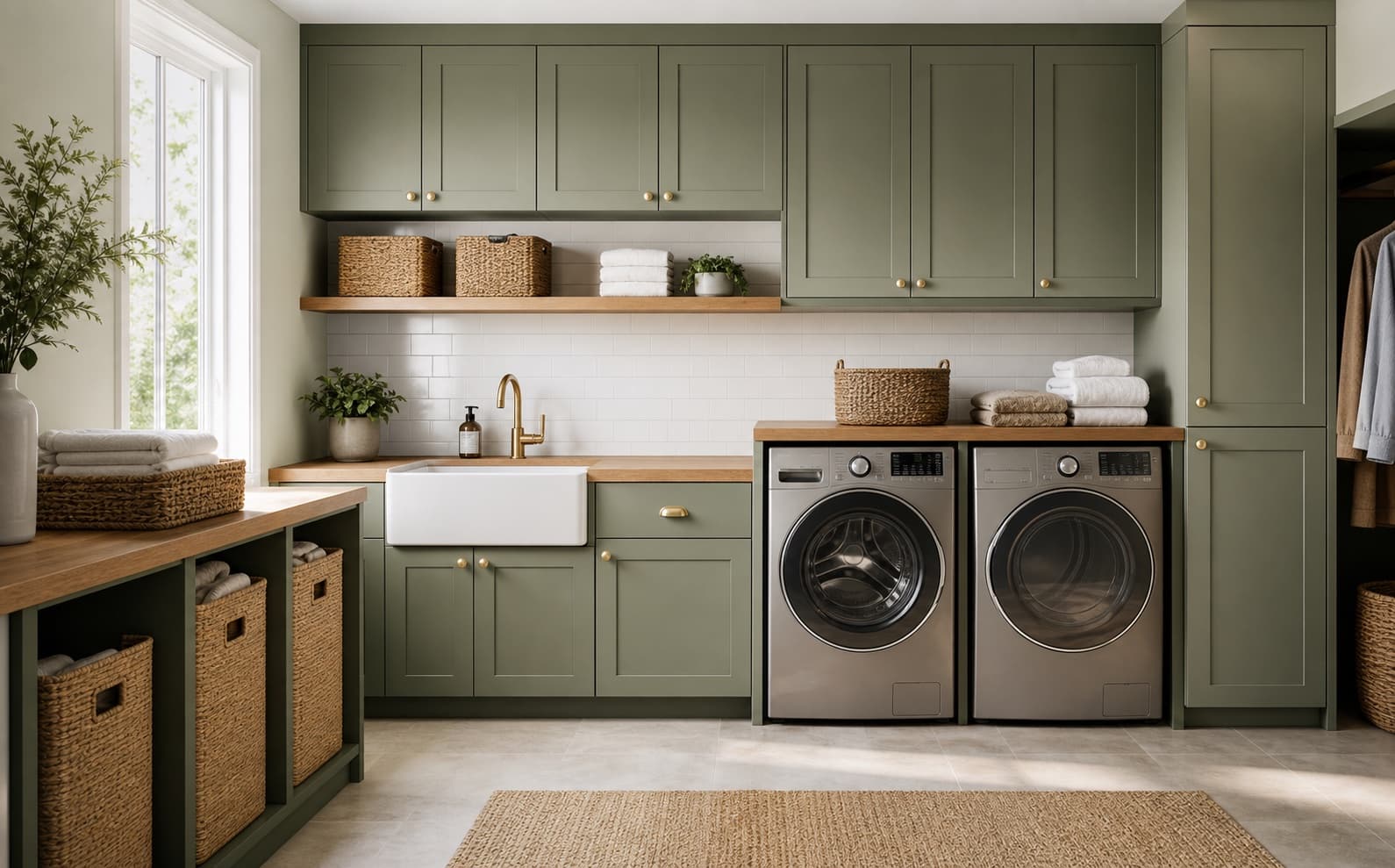 Sage green laundry room with cabinetry, storage baskets, and a utility sink.